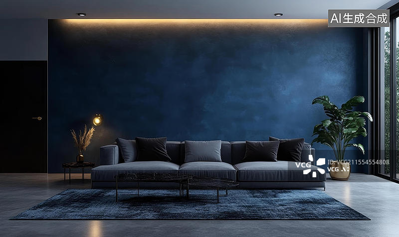 【AI数字艺术】现代深蓝色客厅室内设计图片素材