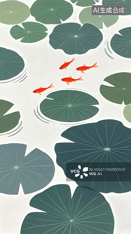 【AI数字艺术】荷塘和红鱼插画图片素材