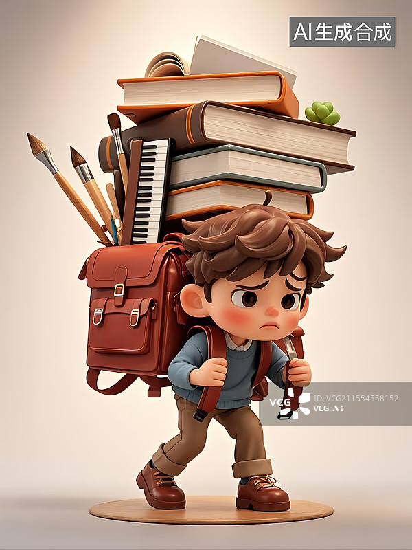 【AI数字艺术】小学生学业负担重题材3D卡通风格插画图片素材