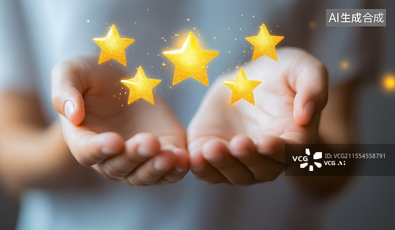 【AI数字艺术】一个人的手捧着虚拟发光的五角星，客户评价反馈服务等级满意度调查概念图片素材