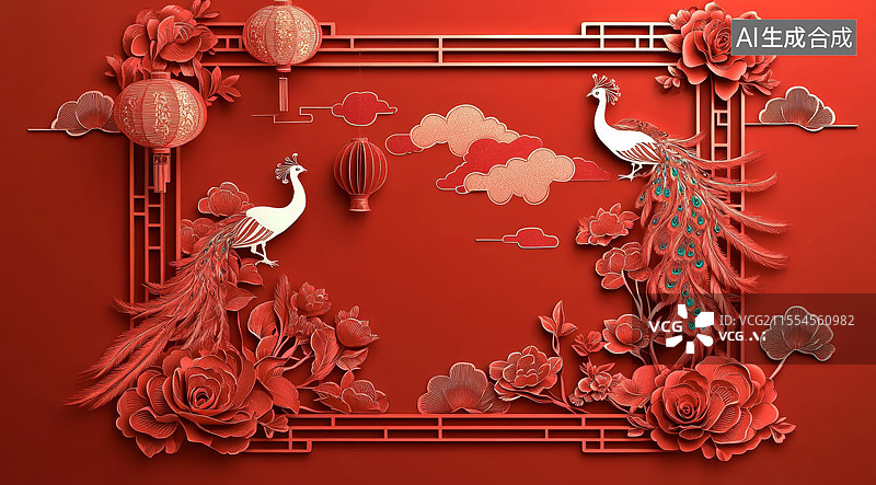 【AI数字艺术】中式红色立体剪纸背景图片素材