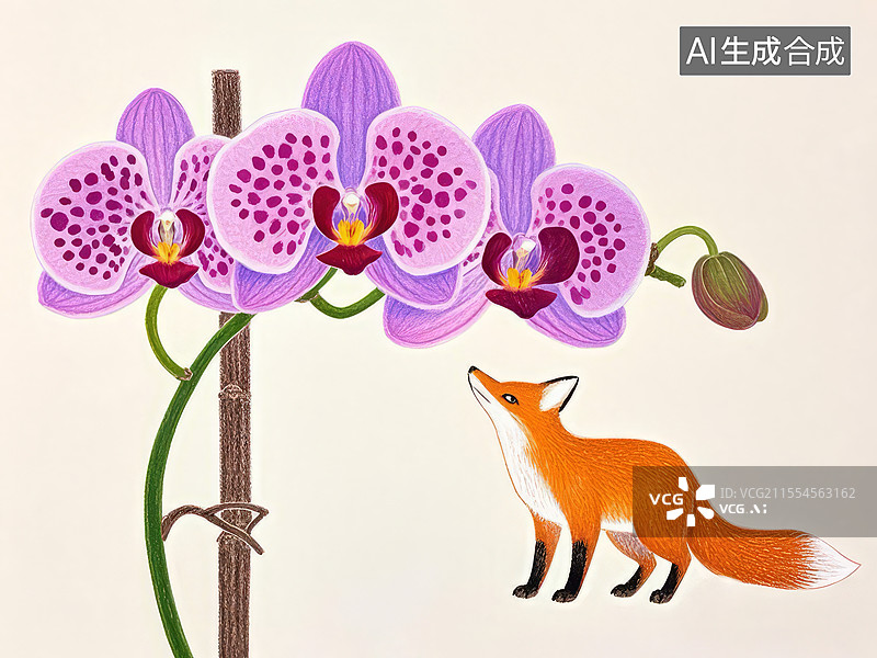 【AI数字艺术】兰花手绘绘本：小狐狸与蝶形花的自然治愈灵动互动场景图片素材