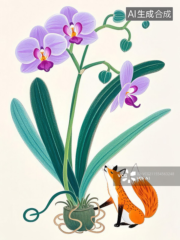 【AI数字艺术】兰花手绘绘本：小狐狸与蝶形花的自然治愈灵动互动场景图片素材