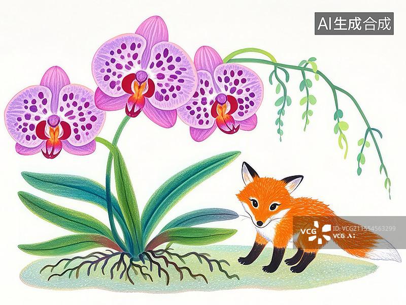 【AI数字艺术】兰花手绘绘本：小狐狸与蝶形花的自然治愈灵动互动场景图片素材