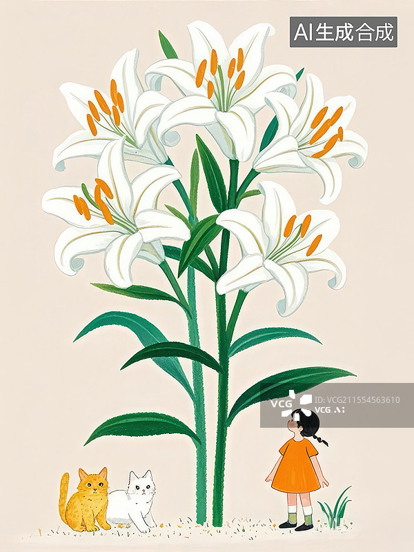 【AI数字艺术】百合蜡笔插画，女孩嗅花香猫咪拨花瓣，喇叭外翻展现清新治愈图片素材
