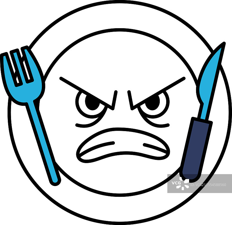 一幅卡通画，描绘了一个盘子上放着刀叉。图片素材