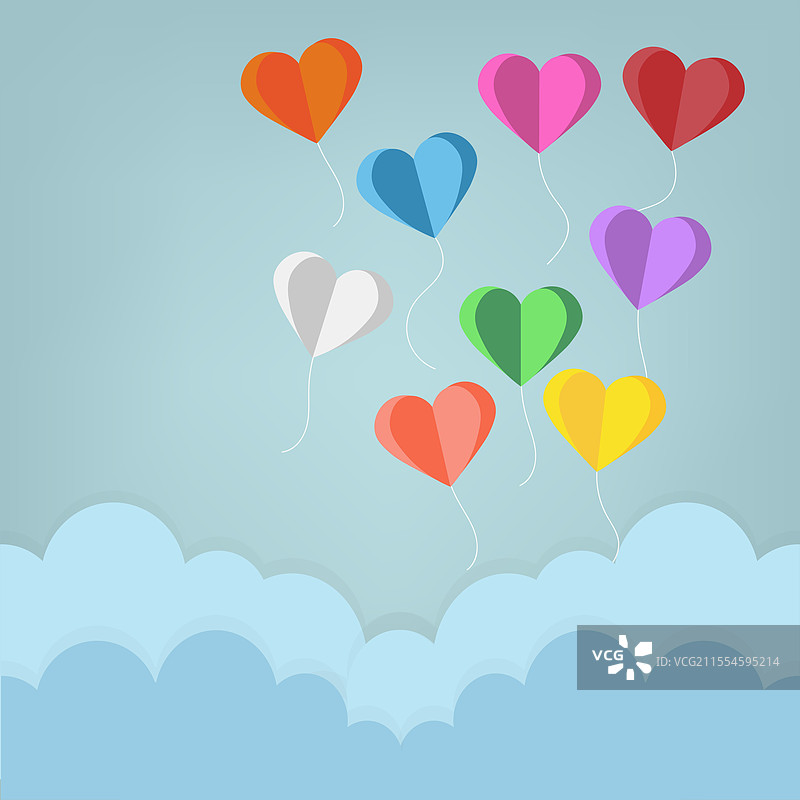 蓝天上五彩纸艺气球心形装饰图片素材