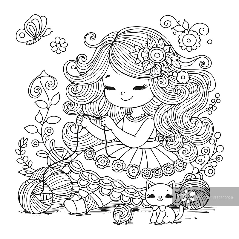 适合儿童和成人的涂色页，画有可爱的女孩与图片素材