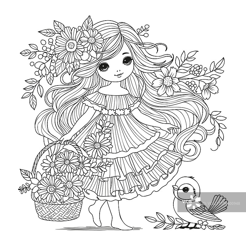 可爱女孩穿着夏季连衣裙，手里提着一个篮子图片素材