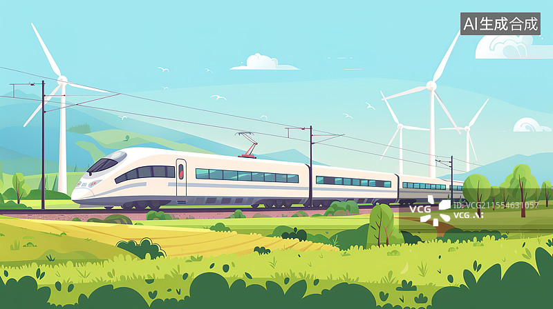 【AI数字艺术】行驶在山野间的高铁列车和风车——清洁能源和绿色发展概念图片素材