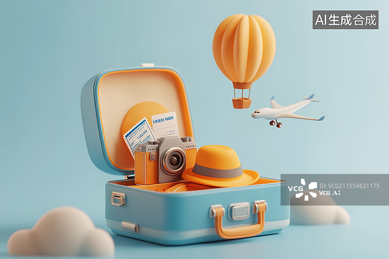【AI数字艺术】3D卡通风格旅行箱热气球旅行概念插画图片素材