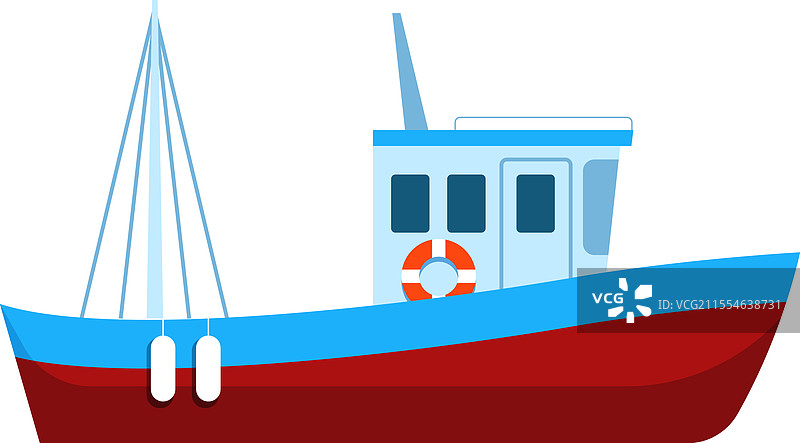 小渔船在海上航行，帆降下。图片素材