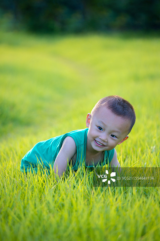 穿绿衣服在草坪上玩耍的小男孩图片素材