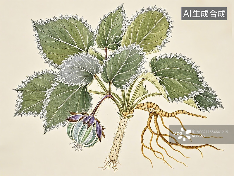 【AI数字艺术】中药材白头翁极简彩色线稿图片素材