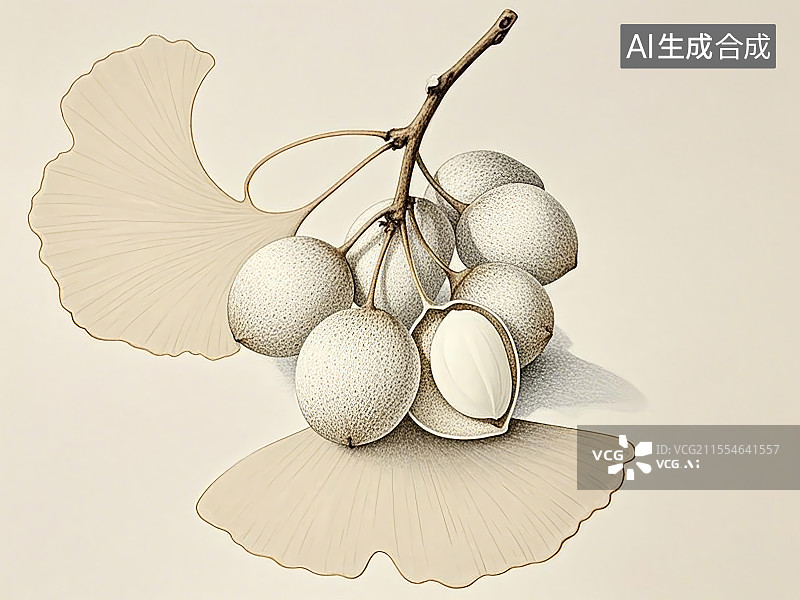 【AI数字艺术】中药材白果极简彩色线稿图片素材