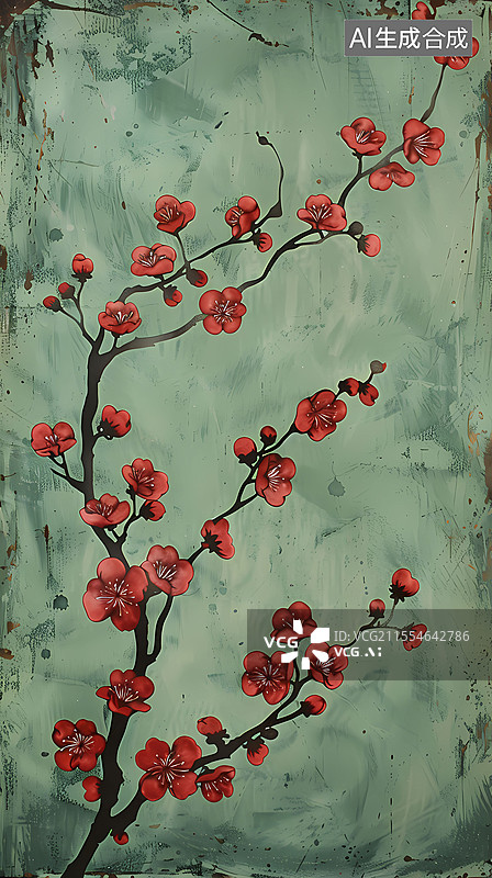 【AI数字艺术】复古梅花枝条图案插画海报背景图片素材