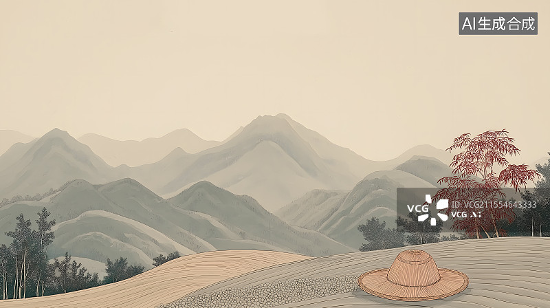 【AI数字艺术】国风水墨劳动节斗笠背景居下图片素材