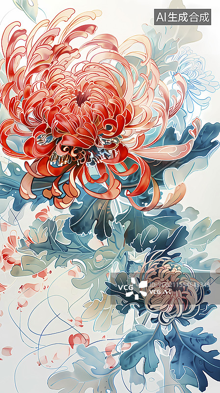 【AI数字艺术】复古彩色菊花图案插画海报背景图片素材