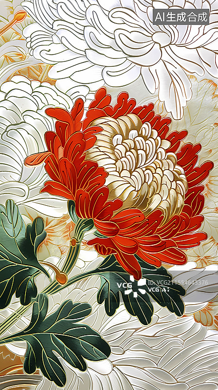 【AI数字艺术】复古彩色菊花图案插画海报背景图片素材