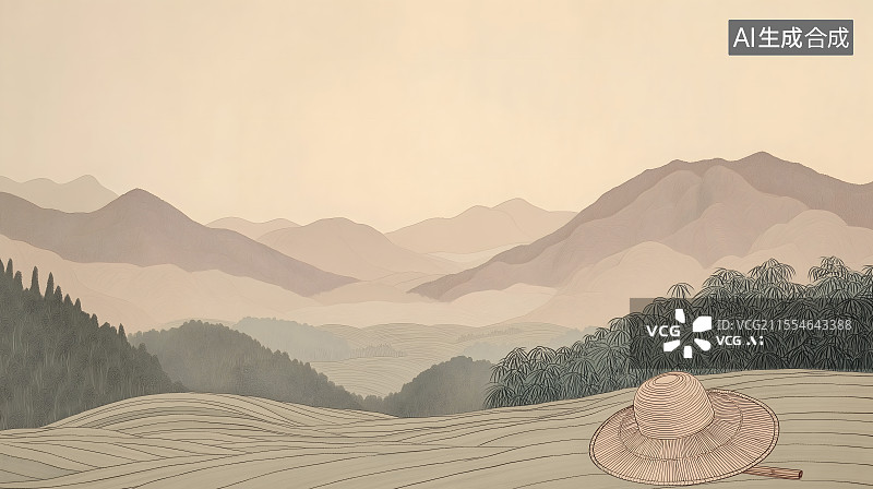 【AI数字艺术】国风水墨劳动节斗笠背景居下图片素材