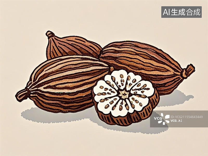 【AI数字艺术】中药材草果极简彩色线稿图片素材