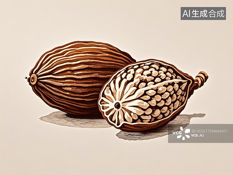 【AI数字艺术】中药材草果极简彩色线稿图片素材