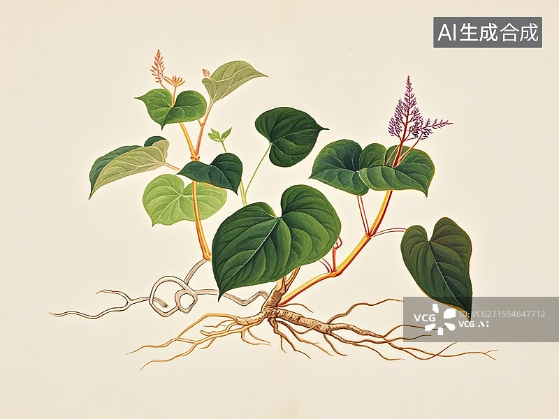 【AI数字艺术】中药材鱼腥草极简彩色线稿图片素材