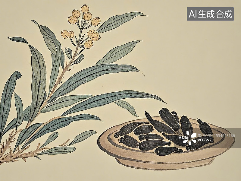 【AI数字艺术】中药材香附极简彩色线稿图片素材