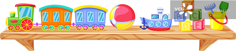 五彩斑斓的火车、一个沙滩球、一只玩具船和一封信图片素材