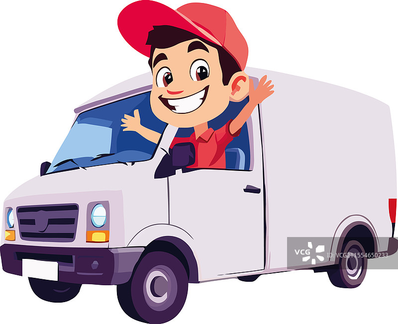 送货员从白色送货车窗外挥手图片素材