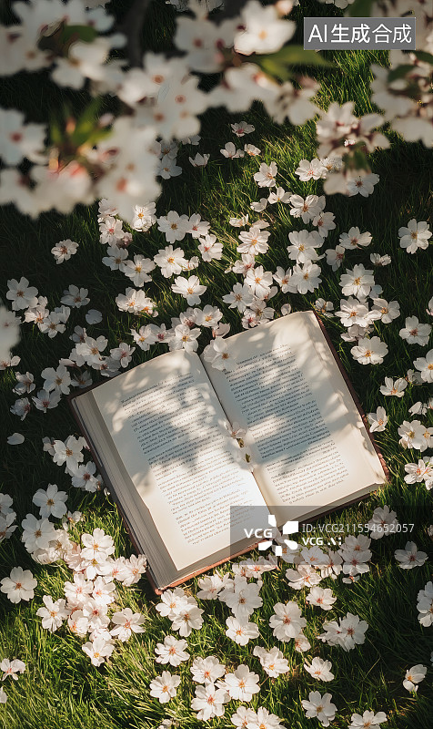 【AI数字艺术】春日草地书香与落花相伴图片素材