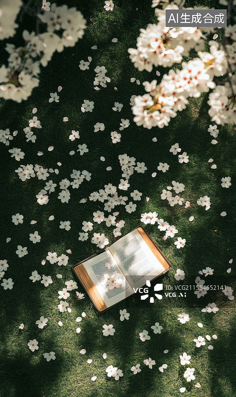 【AI数字艺术】落花铺绿草 书卷沐春光图片素材