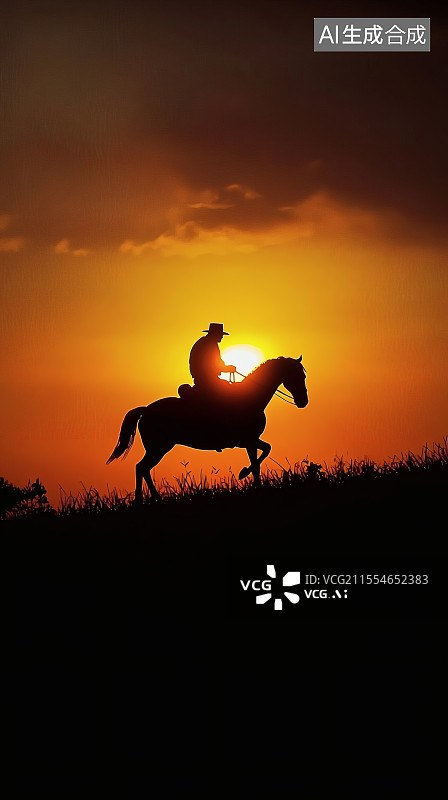 【AI数字艺术】夕阳下骑马者的孤独剪影图片素材