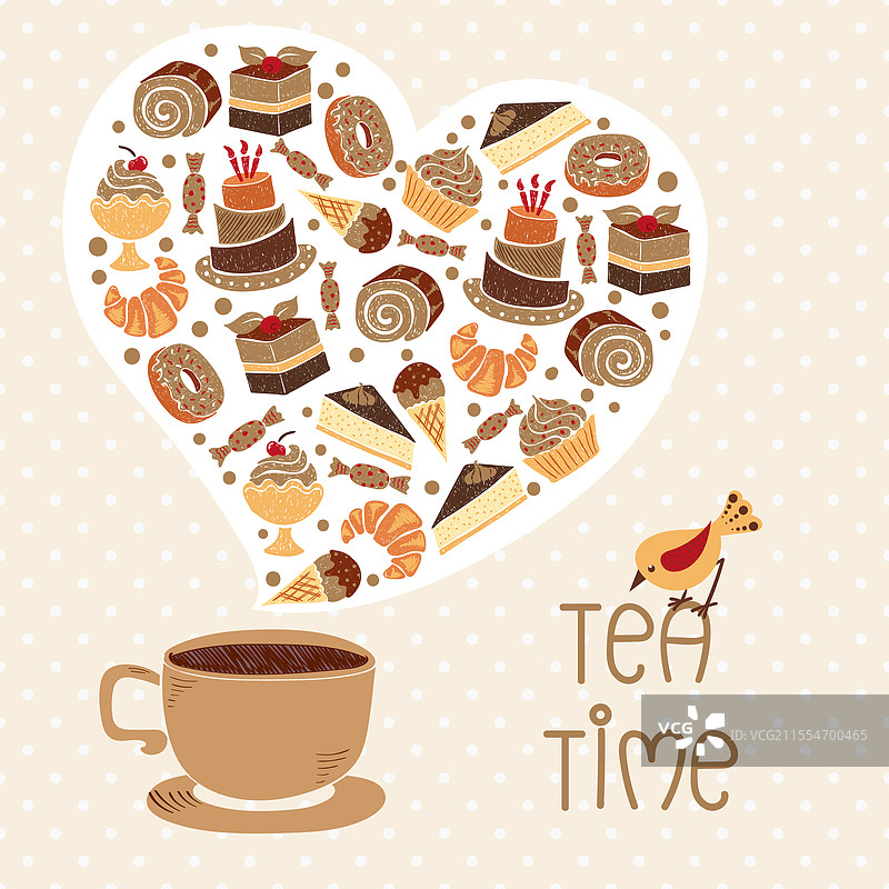 手绘茶杯与各种茶点的茶歇时光图片素材