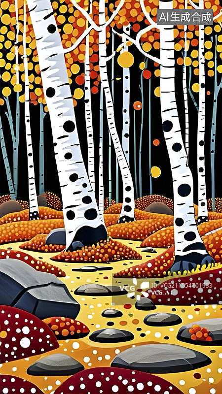 【AI数字艺术】点彩画秋天的白桦林图片素材