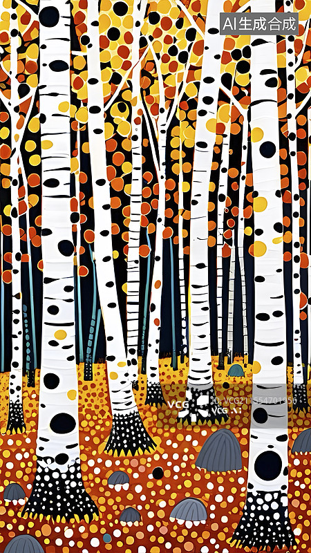 【AI数字艺术】点彩画秋天的白桦林图片素材