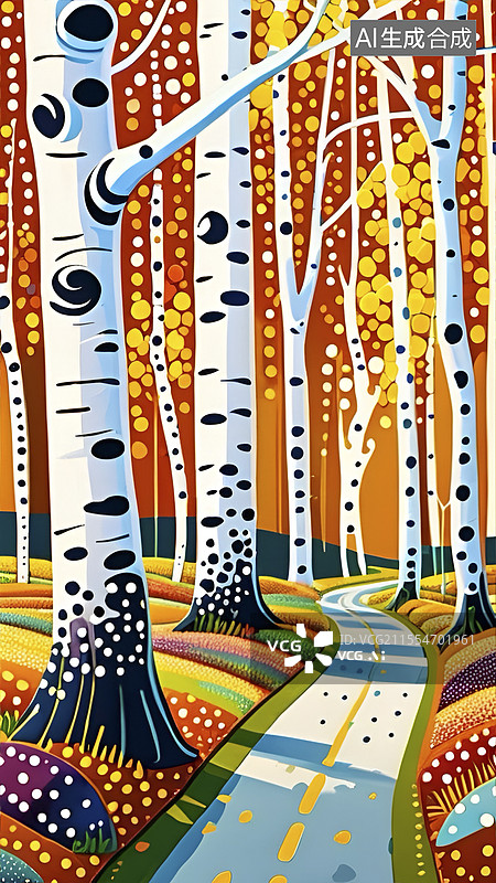 【AI数字艺术】点彩画秋天的白桦林图片素材