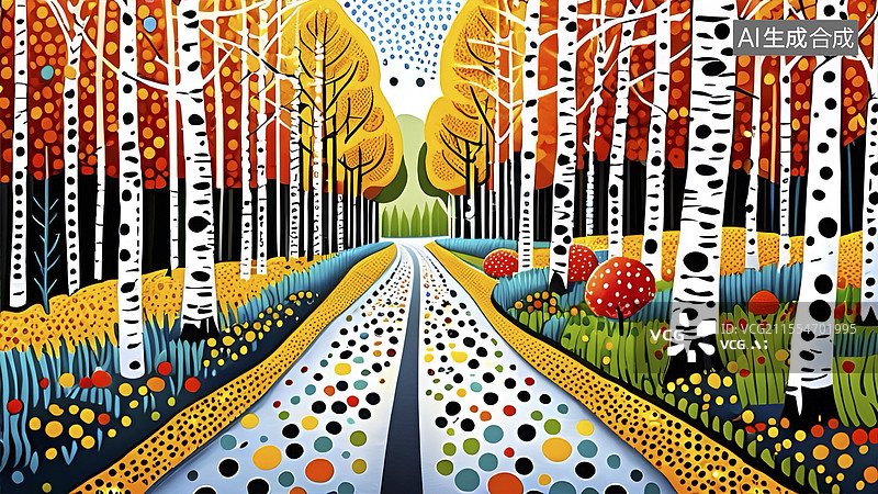 【AI数字艺术】点彩画秋天的白桦林图片素材