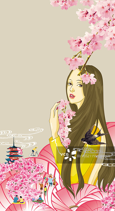 樱花节海报卡通女子手绘插画图片素材