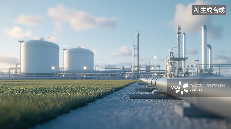 【AI数字艺术】黄昏中的天然气中继站和能源输送管道图片素材