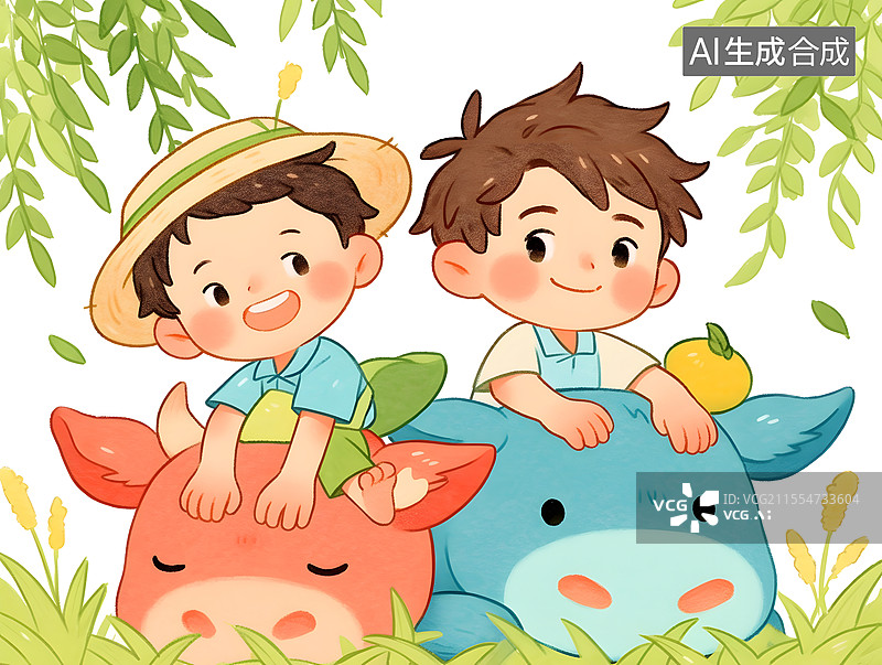 【AI数字艺术】清明节牧童放牛的场景插画图片素材