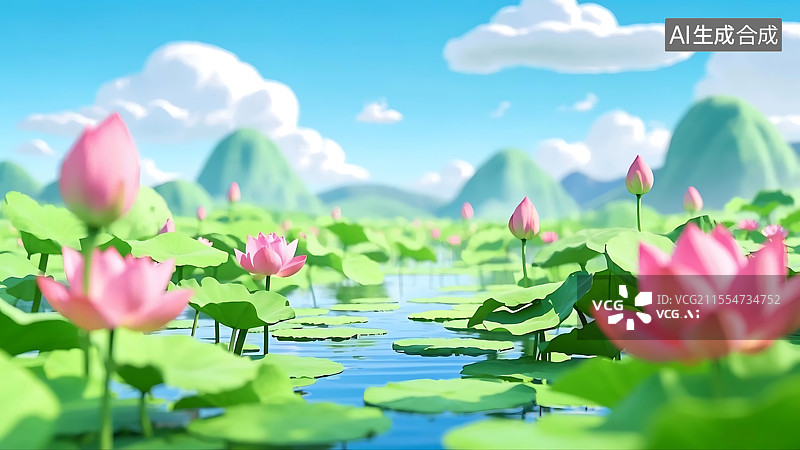 【AI数字艺术】夏日节气池塘荷塘荷花莲花3D渲染风景图图片素材