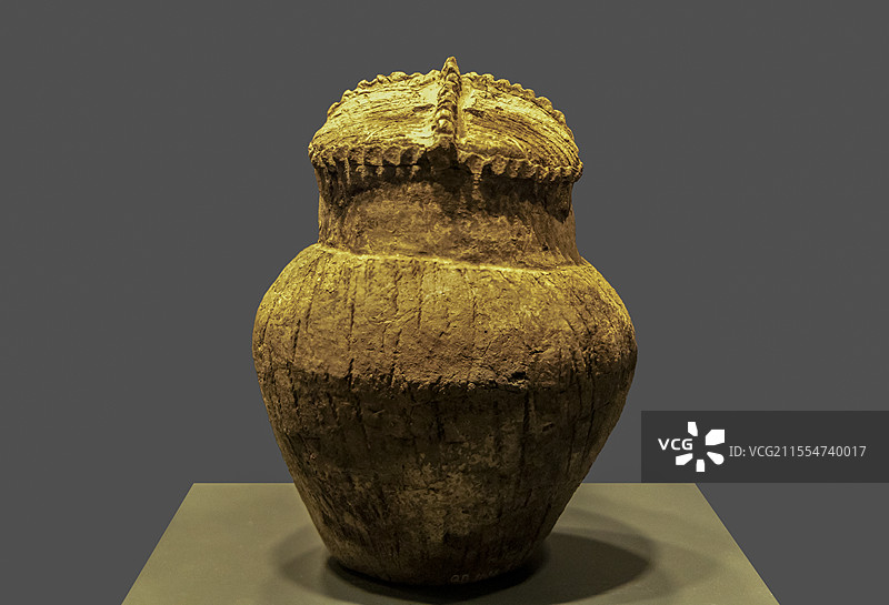 青海省博物馆“历史文物展”：绳纹鸮面粗陶罐（齐家文化，乐都区柳湾墓地出土，青海省博物馆藏）图片素材