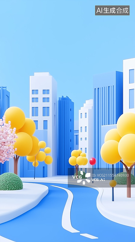 【AI数字艺术】3D卡通清新治愈城市街景图片素材