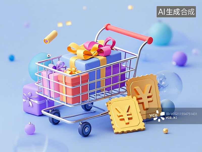 【AI数字艺术】一个堆满礼物盒的购物车和两张金色的优惠券上面带有¥符号图片素材