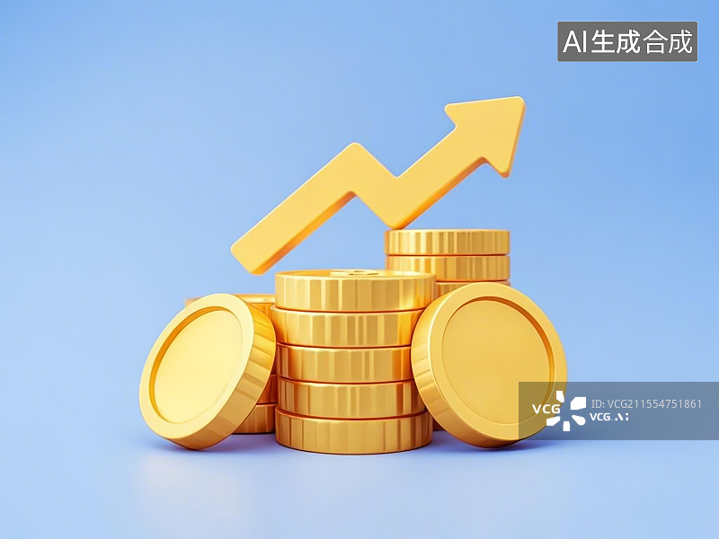 【AI数字艺术】一堆金色的货币干净无符号和上升的箭头符号图片素材