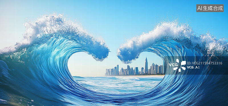 【AI数字艺术】城市海浪之心浪漫奇幻景象图片素材