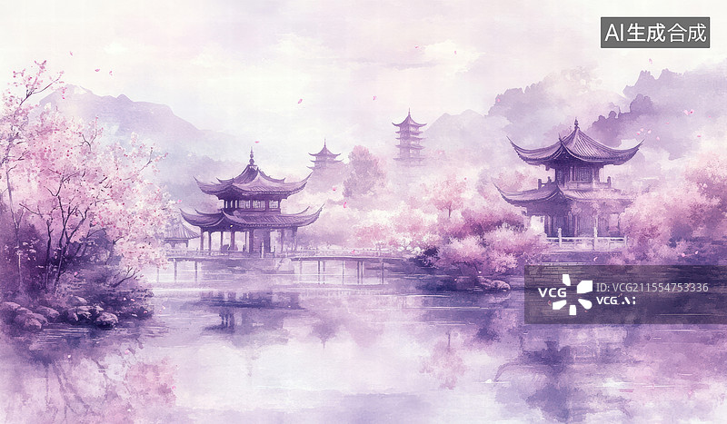 【AI数字艺术】水墨紫霞山庄春日美景图片素材