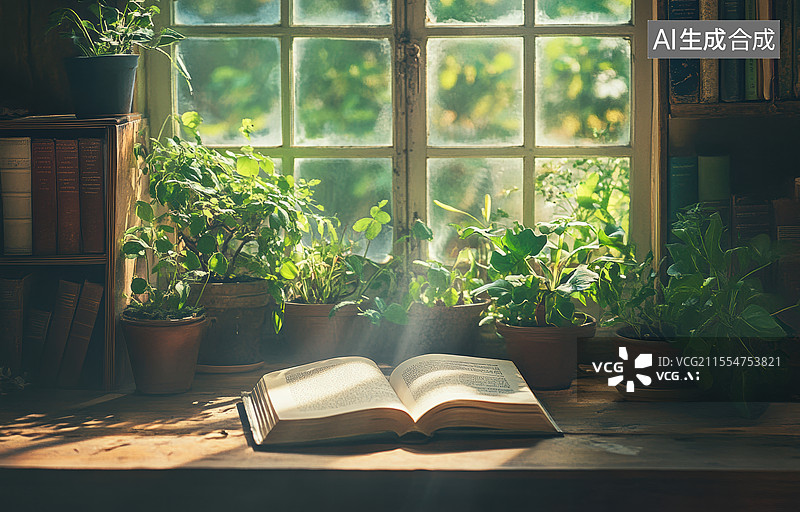 【AI数字艺术】一个宁静的室内场景，阳光透过窗户洒在一本打开的书上。书放在一张木桌上，周围是各种绿色植物图片素材