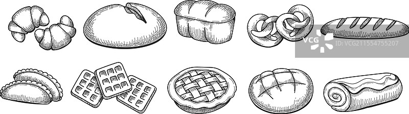 手绘面包店产品素描图片素材